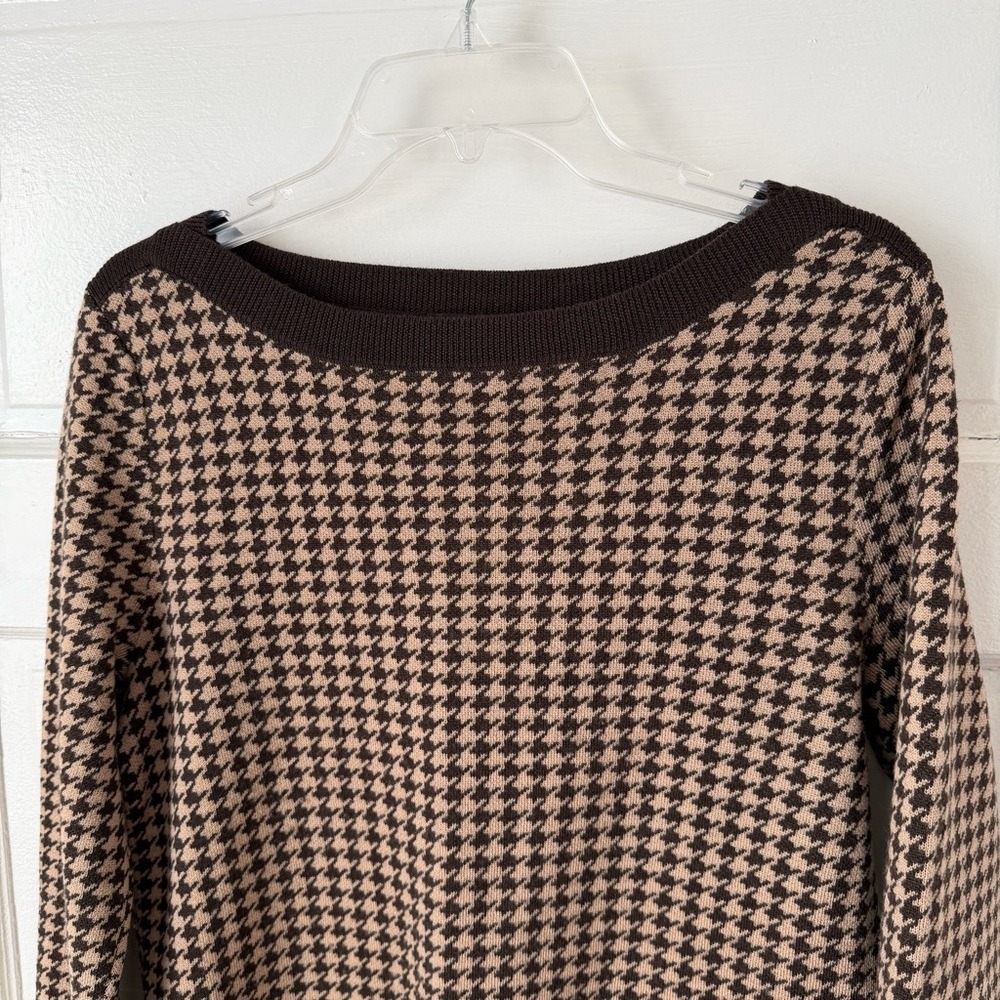 Talbots Merino Wool Brown Houndstooth Sweater‎ Boat Neck Preppy Classic Office M - Picture 6 of 14